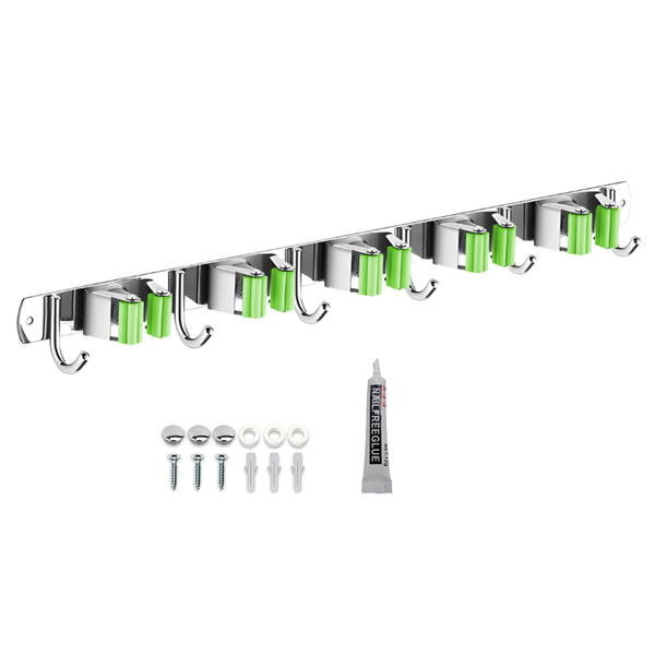 Besby-6 Hook Stainless Steel Mop &amp; Broom Holder Wall Mount Organizer Rack