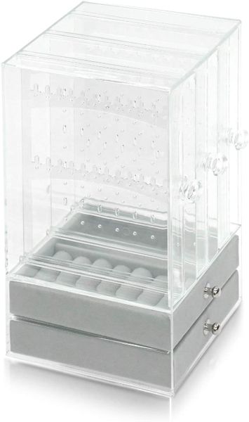Acrylic Earring Display Box 3-Panels with 2 Draws