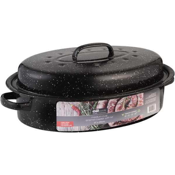 O2 Cook Black Speck Oval Enamel Roaster with Lid - Silver - 37x26