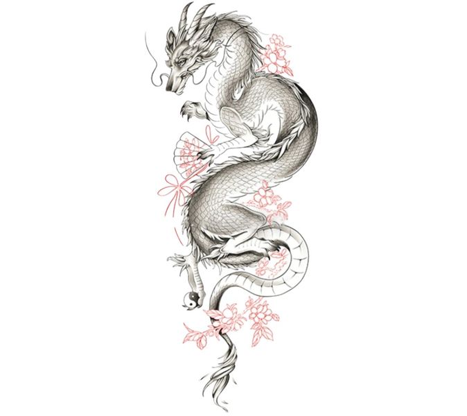 1 Piece - Dragon Floral Design Temporary Tattoo - Black/Red