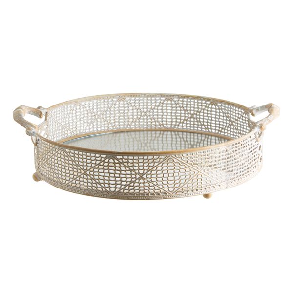 MC - Round Antique White Handled Tray