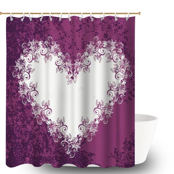 Heart Print Waterproof Shower Curtain Sets with 12 Hooks, 180x180cm