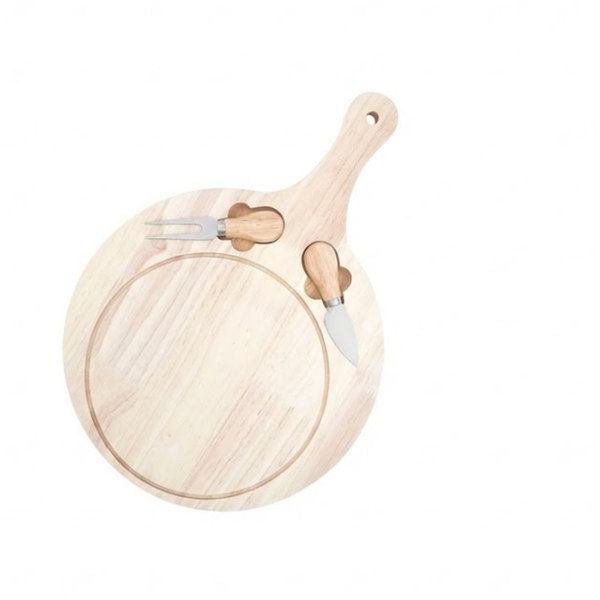 Round Wooden Pizza Serving Board with Handle and Integrated Utensil Slots
