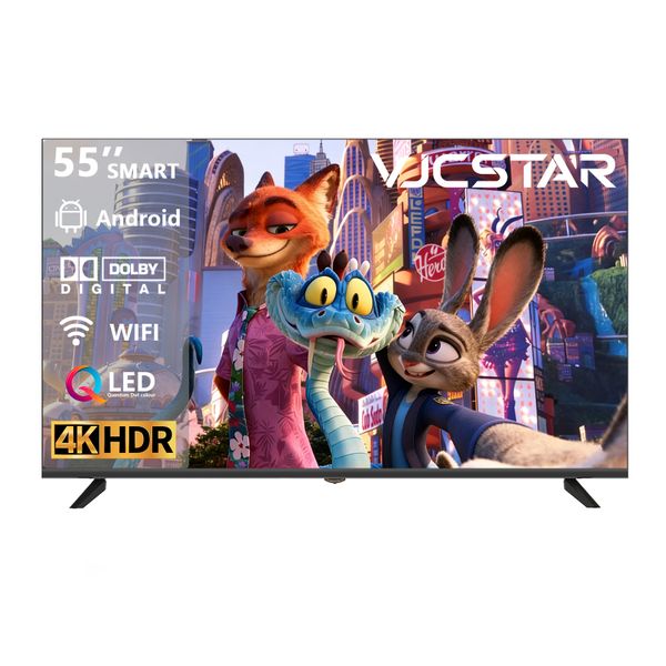 VJCSTAR 55" 4K UHD Smart TV QLED, HDR Dual 10W Dolby Audio WiFi, Android