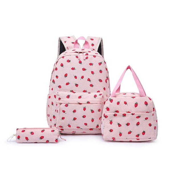 3-Piece School Bag Cute Strawberry Print Backpack Set for Girls