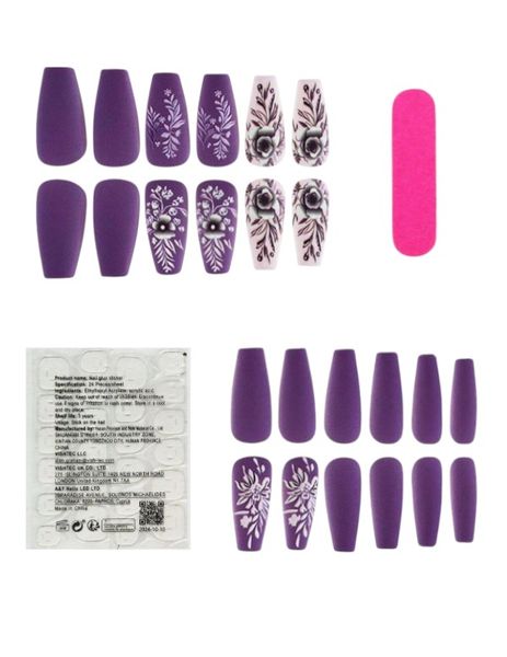 24 Piece - 3D Embossed Floral &amp; Leaf Design Long Press-On Nails - Purple