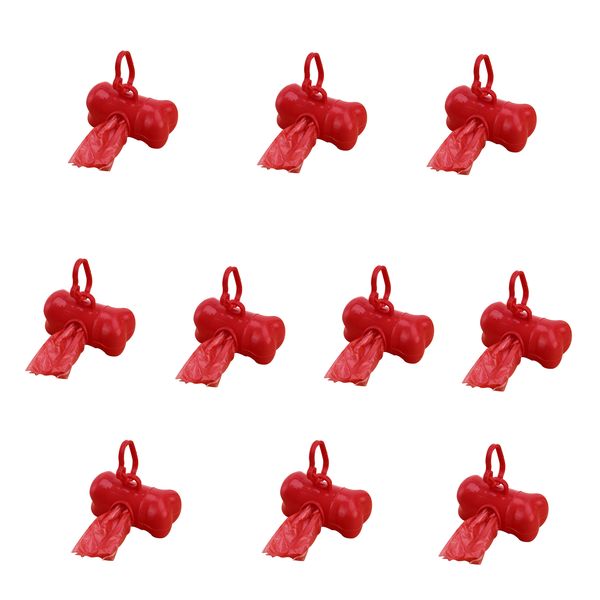 10 Dog Poop Poo Plastic Bags Set for Pet Walking - Red - Bone Shape Holder