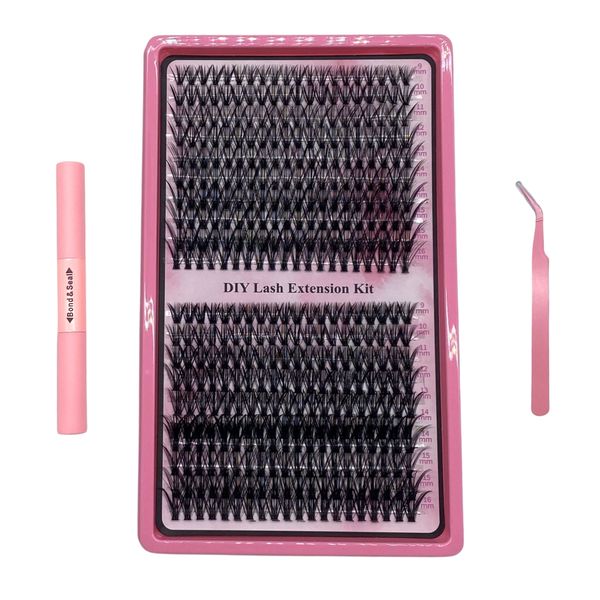 400 Pieces 9 -16mm False Cluster Eyelash Kit With Bond, Seal &amp; Tweezer