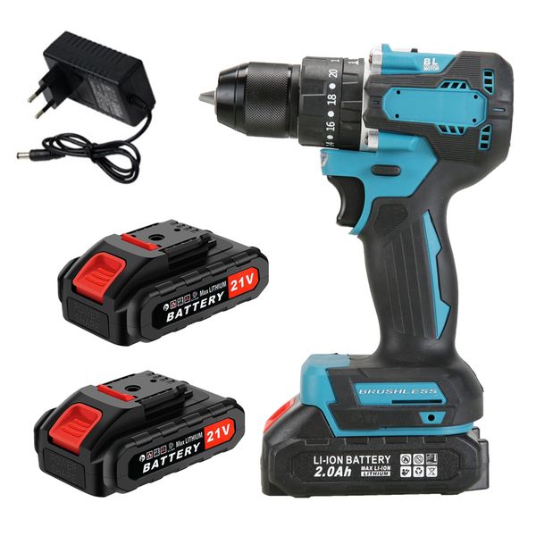 21V Brushless Cordless Drill Driver 75Nm with 21 Clutch &amp; 2 Batteries-Blue