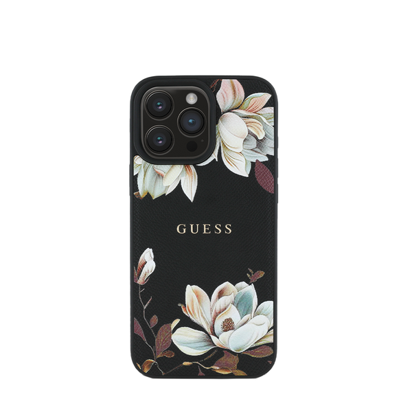 GUESS - MagSafe Grained Compatible with IPhone 16 Pro Black Case W/ Printed Flower Pattern
