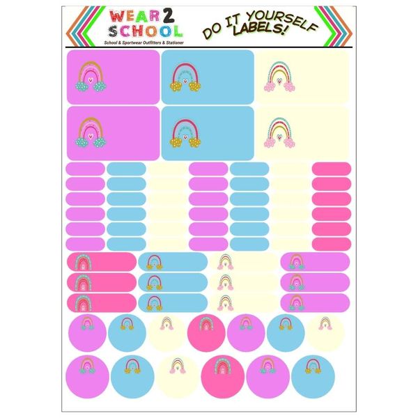 Rainbow Theme school labels in assorted sizes