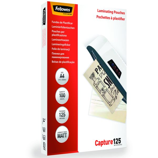 Fellowes Capture125 Matt Laminating Pouches A4 250 Micron(125+125) 100 Pack