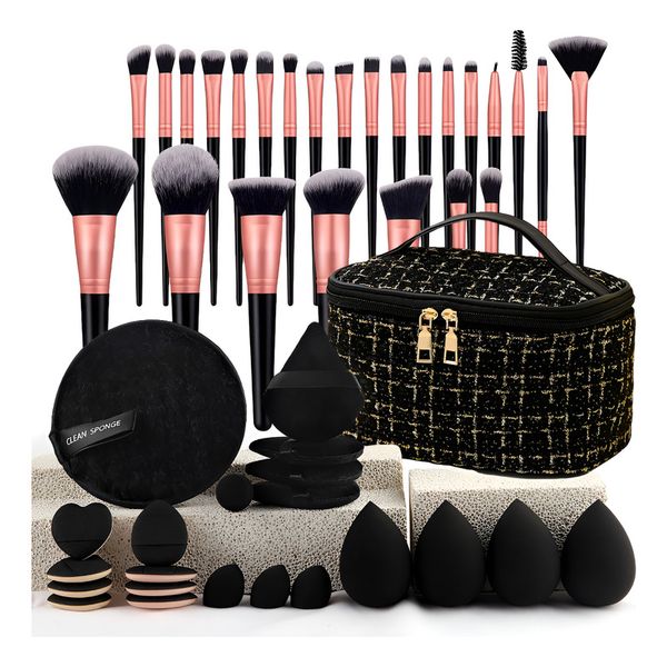 Professional Makeup Brush Set with Sponges Puffs Cosmetic Bag 47 PCS