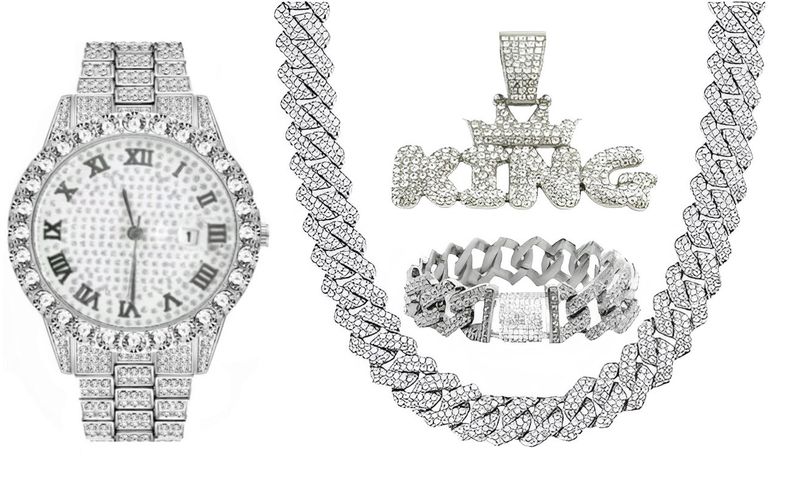 Stylish Iced Out Mens Watch And Chain/Bracelet With King Pendant Set