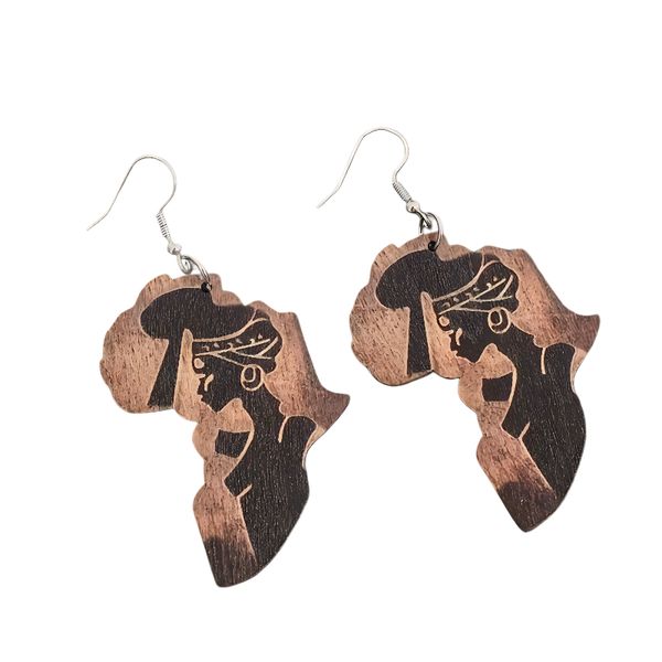 African Map Shape Goddess Wooden Earrings Retro Western Style