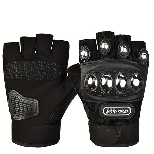 Black Steel-Jointed Motorcycle Gloves - Half-Finger Style