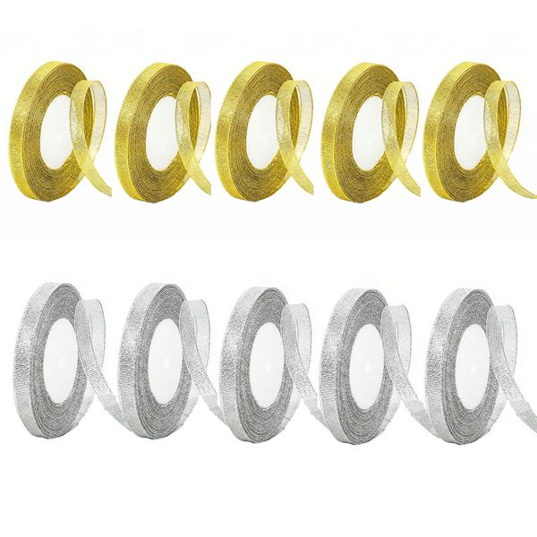 10 Pack Gift Wrap Ribbons, Gold/Silver Glitter Fabric Ribbon - 10mm/22m