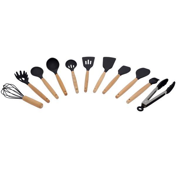 12 Piece Kitchen Utensil Set with Wooden Handle - Black