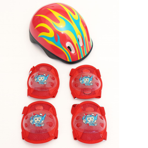 Kids Protective Gear Set with Helmet - Red Flame Design (5-Piece Set)