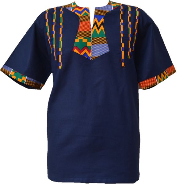 Linen Kente Embroidered Navy Shirt - Three Stripes Kente