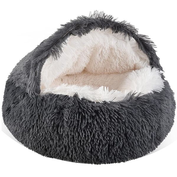 Cat Bed Round Plush Hooded Pet Bed Calming Cave For Small Dog Cat - 50CM