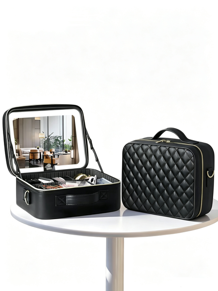 Large Quilted Travel Cosmetic Bag with Mirror And Free Accessories Black