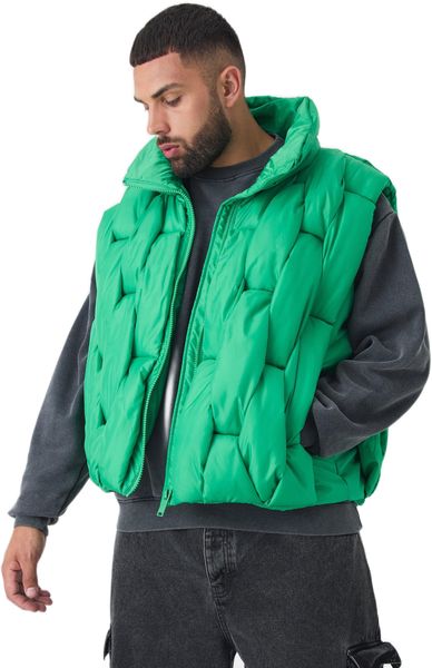 boohooMAN - Men's Plus Size Boxy Fit Hand Weft Padded Gilet - Green