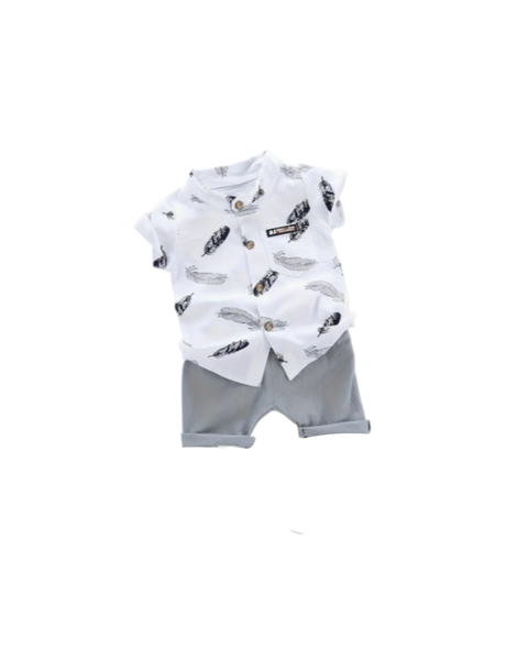 Feather Print Cotton Short Sleeve Shirt and Shorts Set
