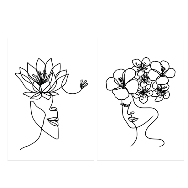 Line Art Prints - Ladies with Flowers, A3, Unframed