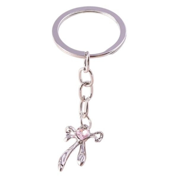 Elegant Bow Knot Keychain With Pink Rhinestone Centre - Silver