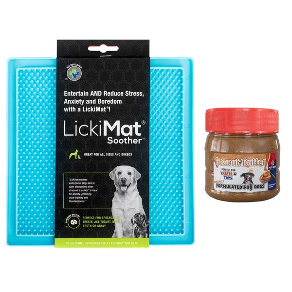 LickiMat Classic Soother Turquoise plus Pets Elite peanut butter Spread
