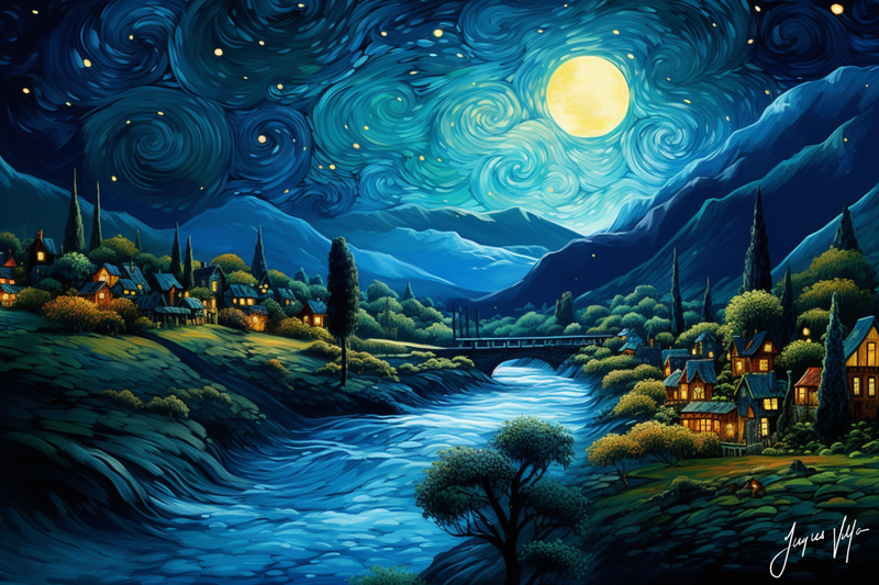 Van Gogh-Ish Village In The Valley Under A Starry Sky