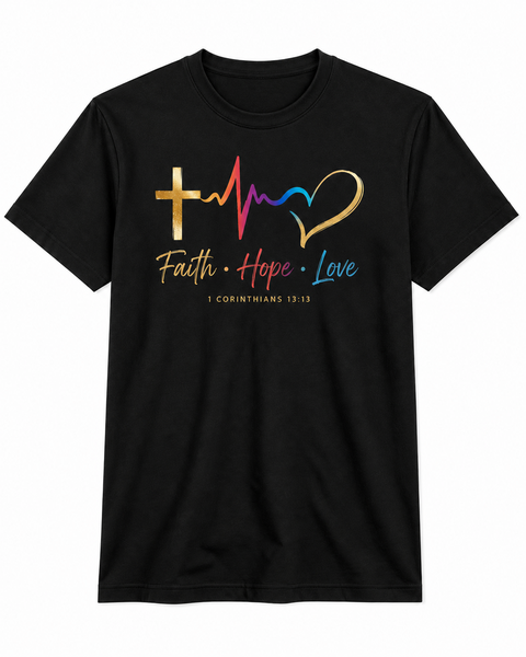 Qtees Africa - Faith Hope Love Religious Christian Gift Black T-Shirt