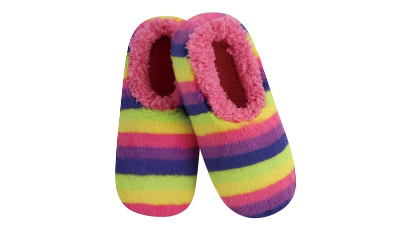Snoozies! Ladies Dark Rainbow Fleece Slippers with non skid soles