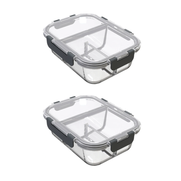 Multi-Compartment 930ml Borosilicate Glass Food Containers - 2 Pack