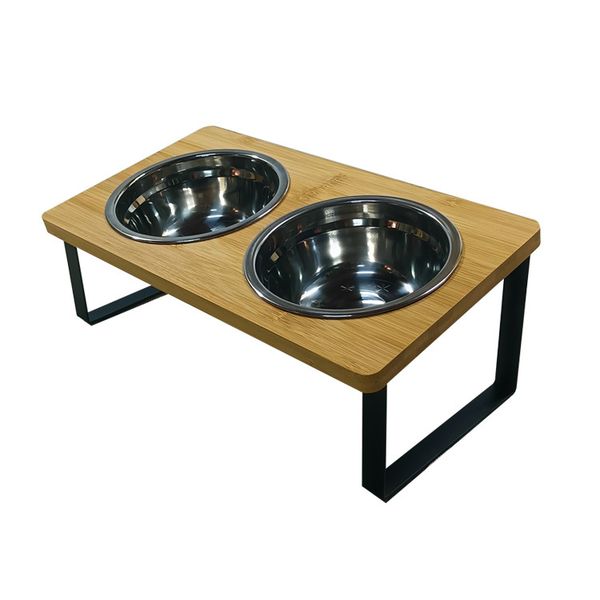 Pet Bowl, Stainless Steel Bowl, wooden Double Bowl
