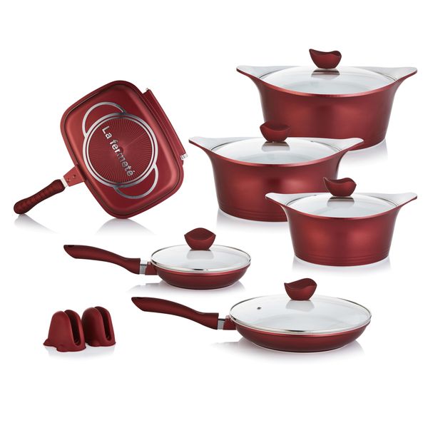 Aluminium 14 Piece Ceramic Coated Cookware Pot Set - Burgundy