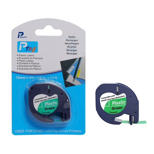 PUTY Compatible Dymo Letra Tag LT-91204 Black on Green Plastic 12mm Tape