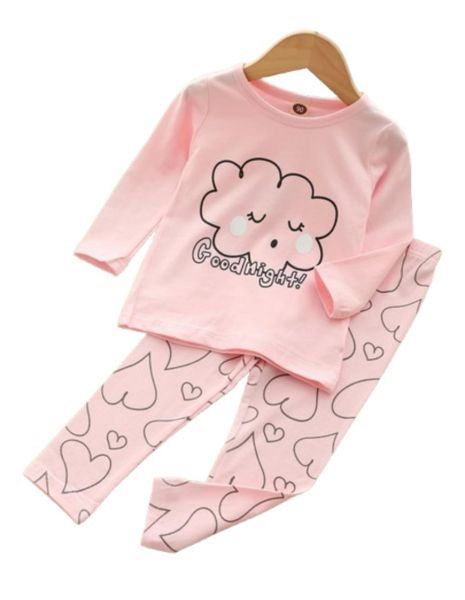 Girls Pink-Black Cotton, Polyester Long Sleeve Pyjamas