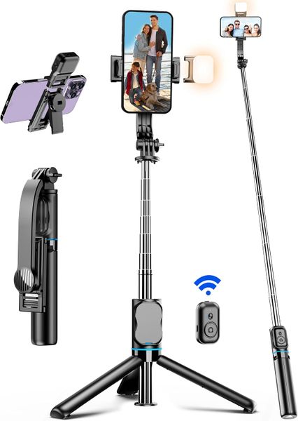 C01S 42 inch integrated selfie stick retractable tripod with fill light