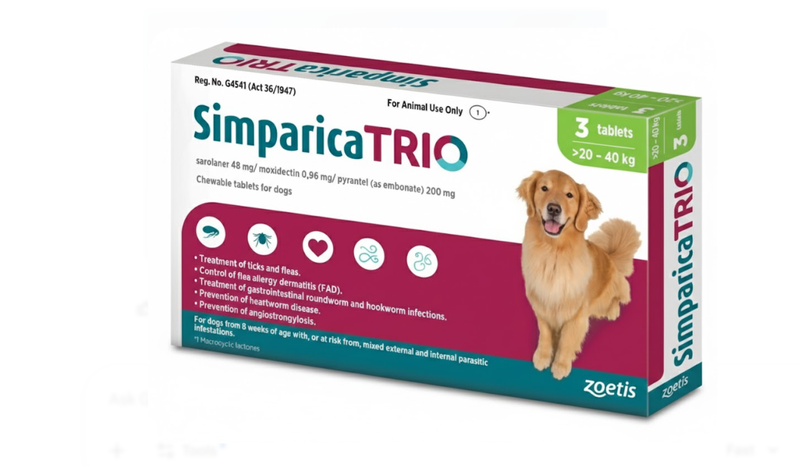 Simparica Trio - 20.1 - 40kg (Ticks, Fleas and Deworming) 3 Tablets