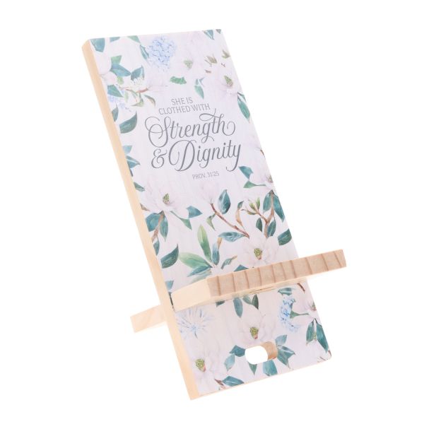 Wooden Phone Stand - She Is Clothed with Strength and Dignity