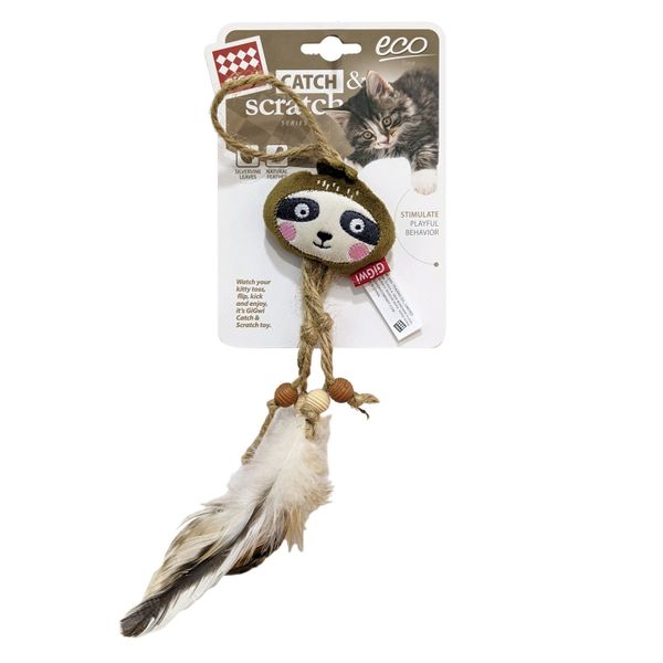 UrbanPets - Catch and Scratch Silvervine Cat Plush and Feather Toy - Sloth