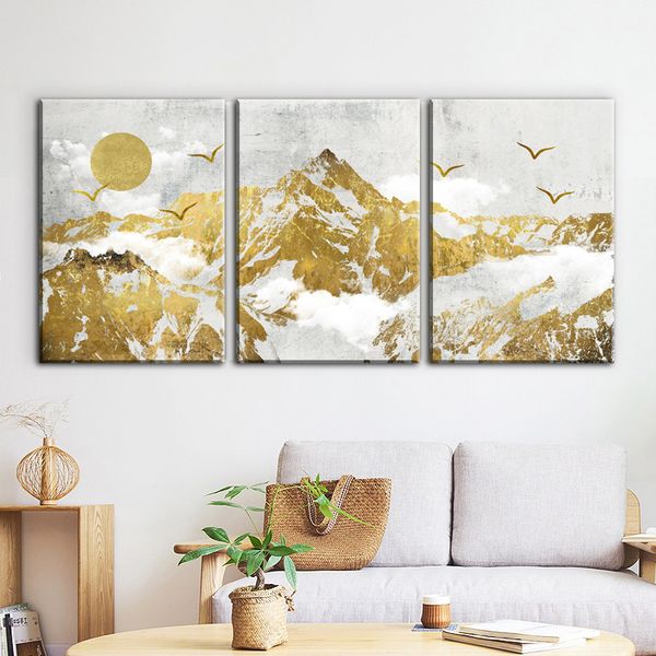 Golden Mountain Bird 3-Piece Abstract Lanscape Canvas Print Wall Art Decor
