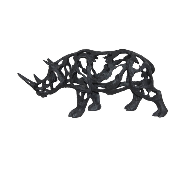 Black Polystone Rhino Sculpture - 50 x 22 x 14cm
