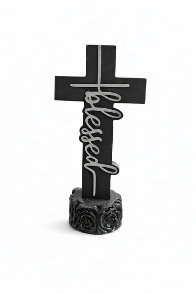 Black Decorative Cross Ornament with "Blessed" Script - Tabletop Home Decor