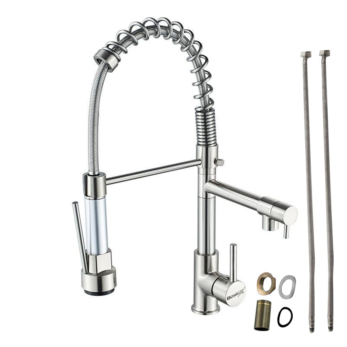 BasicX Brushed Copper Nickel Double Outlet Spring Kitchen Faucet Rotatable