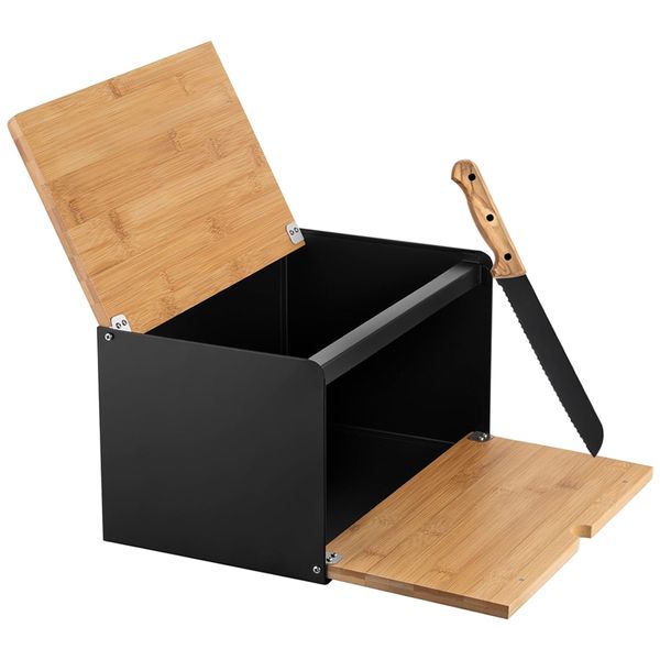 Steel Spacious and Modern Bread Box with Bamboo Lid with Bread Knife
