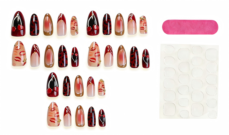 30 Maroon Leopard Press-On Nails: Reusable Tips + Tabs + File