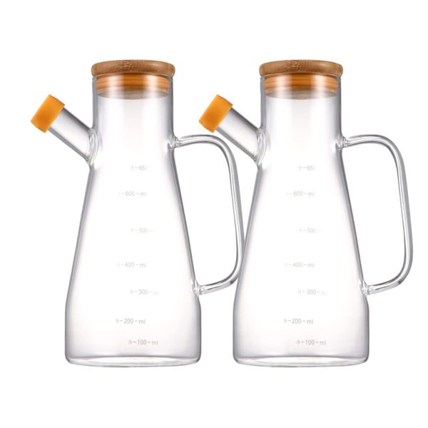 2 Pack Glass Oil Pot Bamboo Lid Glass Vinegar Oil Dispenser - 0.9L